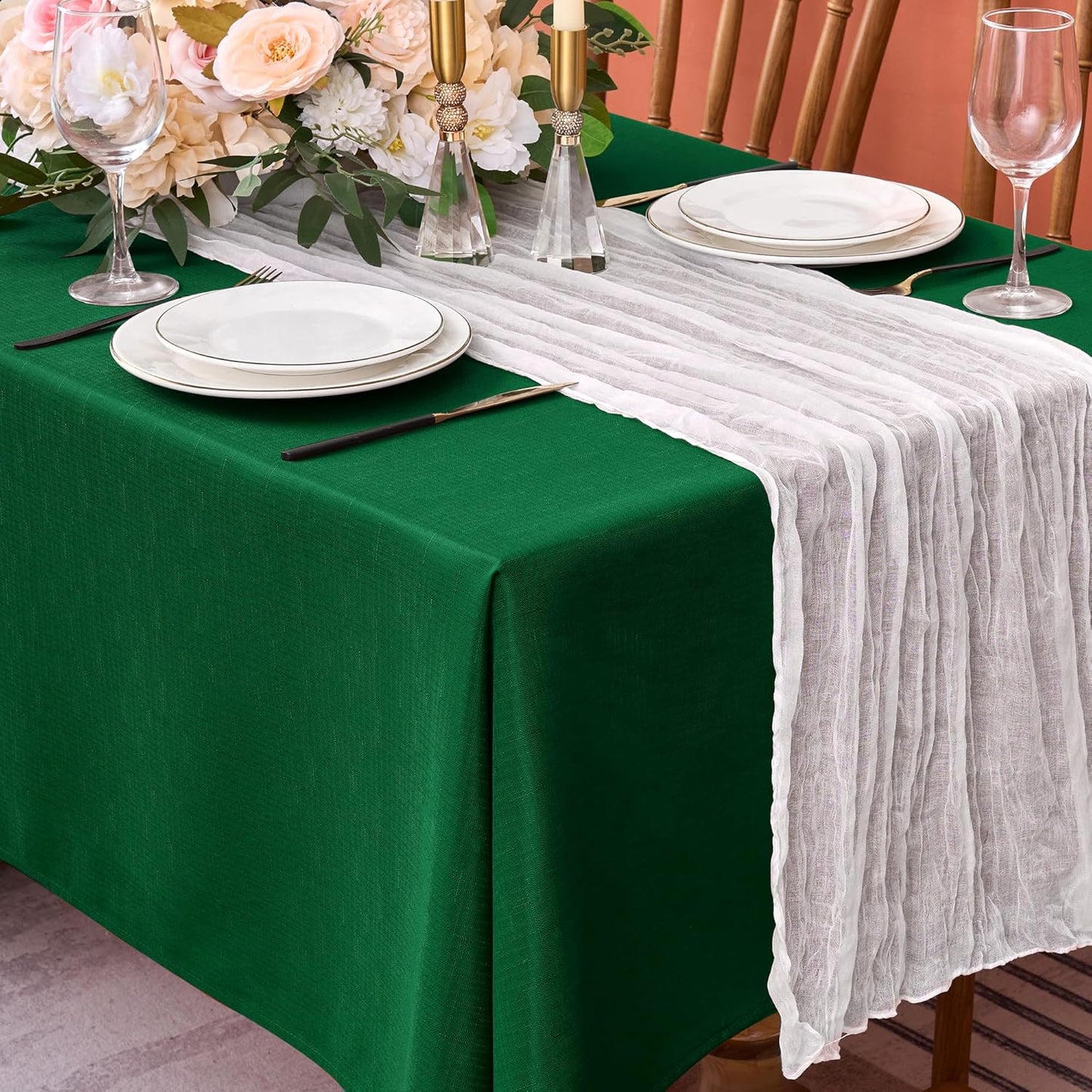 Fitable 2 Pack Faux Linen Christmas Tablecloths, Burlap Textured Fabric Table Cloth Rectangle, Decorative Table Covers for Winter Holiday Dinner Party Farmhouse (Hunter Green, 60 x 84 Inch)