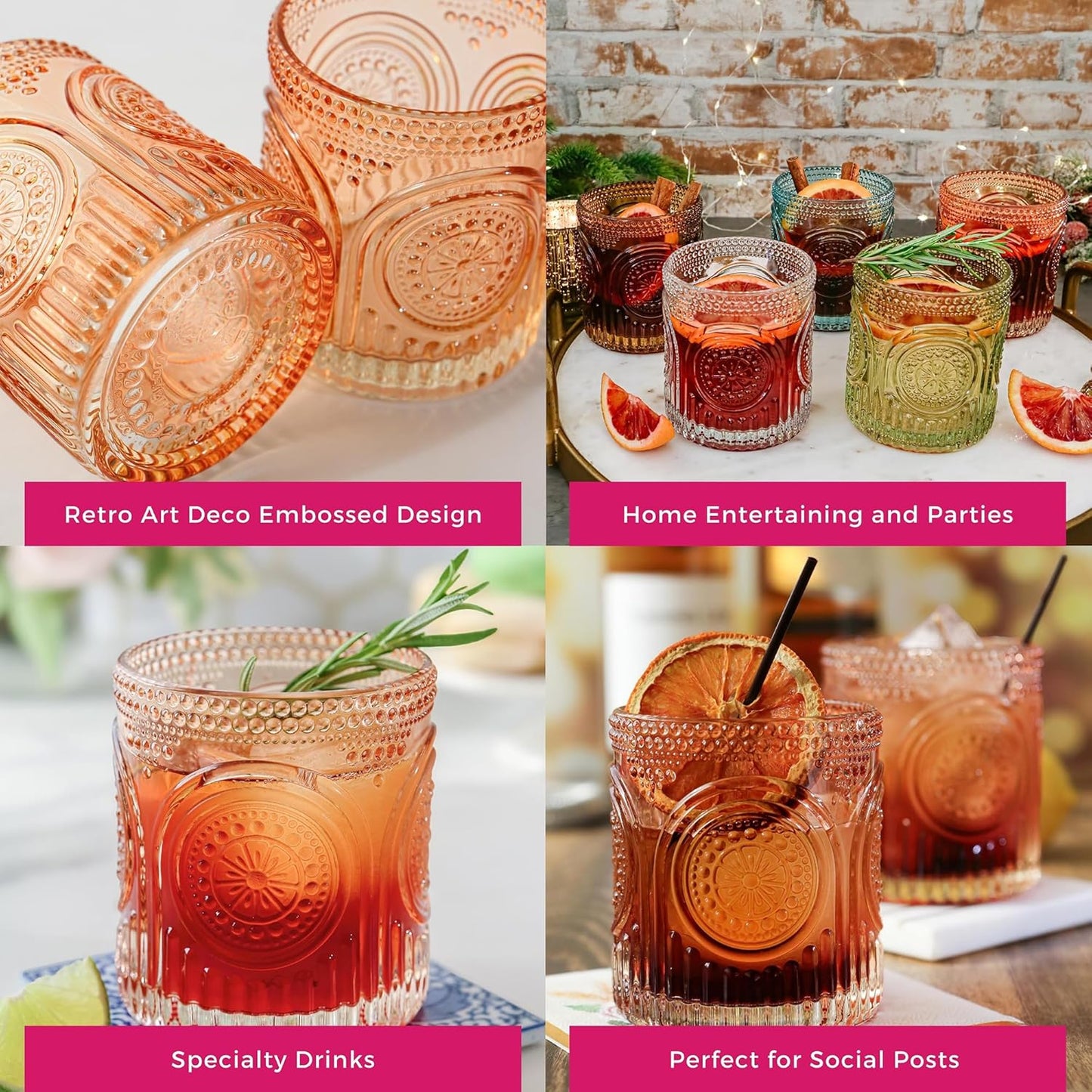 Kate Aspen Ribbed Retro Arch Floral Rose Gold Drinking Glasses Set of 6, (10 oz) Vintage Glassware Set Cocktail Glass Set, Juice Glass, Water Cups | Great Hostess Gift & Gift for New Home Owners