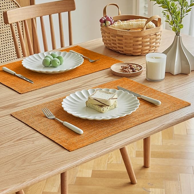 Softalker Faux Linen Placemats Set of 4-12 x 18 Inch, Heat Resistant Double Layered Durable Burlap Farmhouse Place Mats, Non-Slip Washable Rustic Table Mats for Dining, Kitchen, Party（Orange