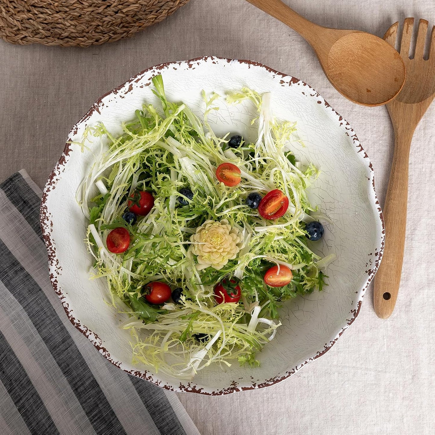 LEHAHA Rustic White Melamine Large Serving Bowl, 2 pieces Set,12 inches (130 OZ) Larger Salad Bowl, Lightweight and Unbreakable Mixing Bowl, BPA Free Melamine Bowls, Dishwasher Safe…