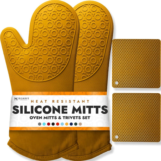 HOMWE Silicone Oven Mitts and Pot Holders, 4-Piece Set, Heavy Duty Cooking Gloves, Kitchen Counter Safe Trivet Mats, Advanced Heat Resistance, Non-Slip Textured Grip (Yellow)