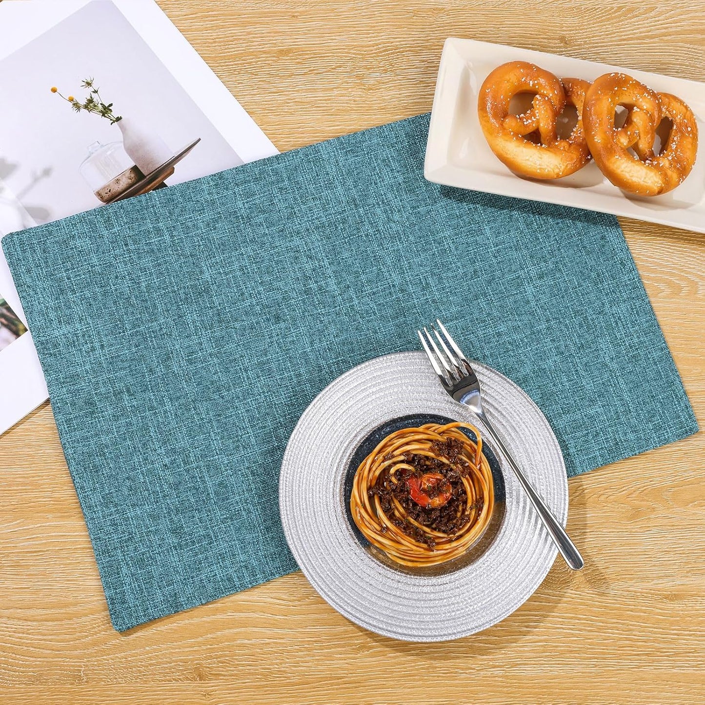 SHACOS Fabric Placemats Set of 4 Non Slip Machine Washable Heat Resistant Cloth Table Mats Soft Polyester Place Mats for Kitchen Dining Table, Dark Teal
