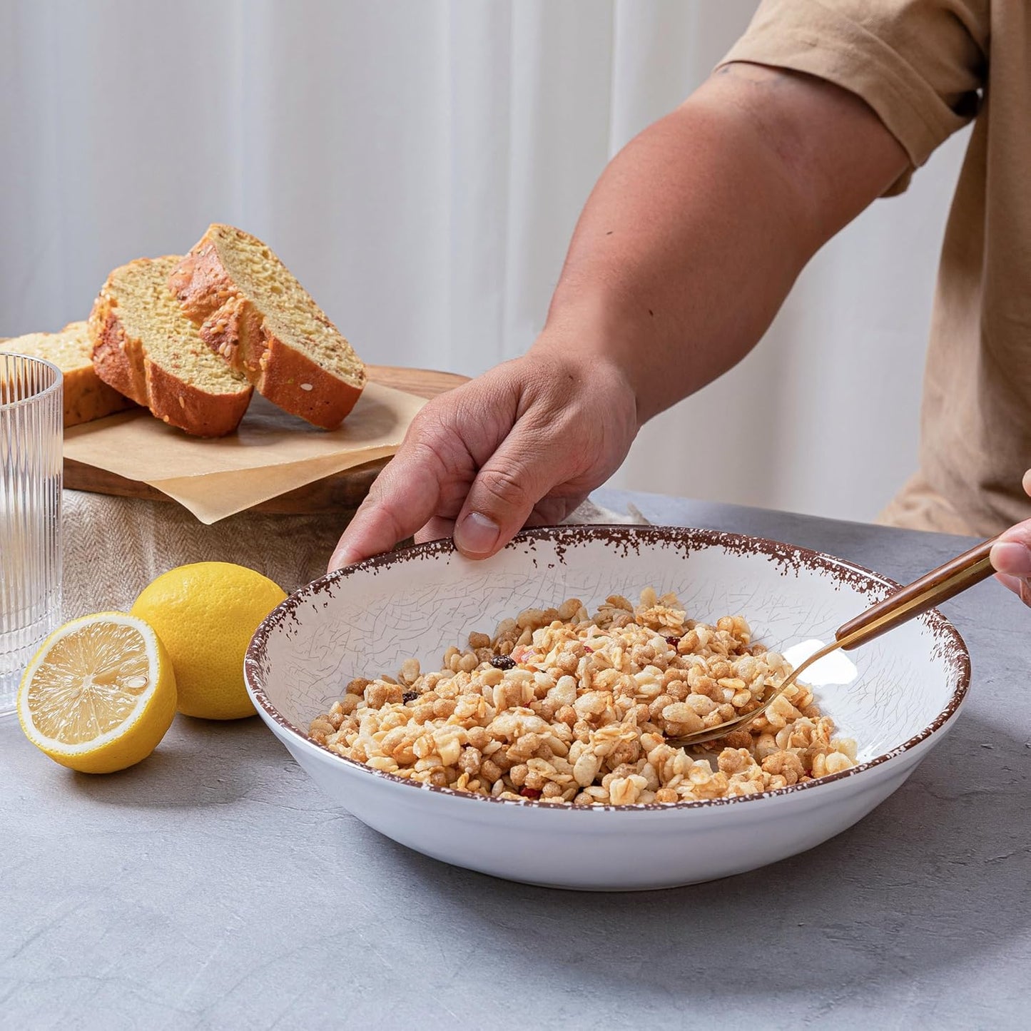 LEHAHA Farmhouse Pasta Bowls, Set of 6, White Melamine Rustic 42 oz Shallow Bowl, Large Salad Bowl, Deep Pasta plate, Dishwasher Safe Serving Bowls.…