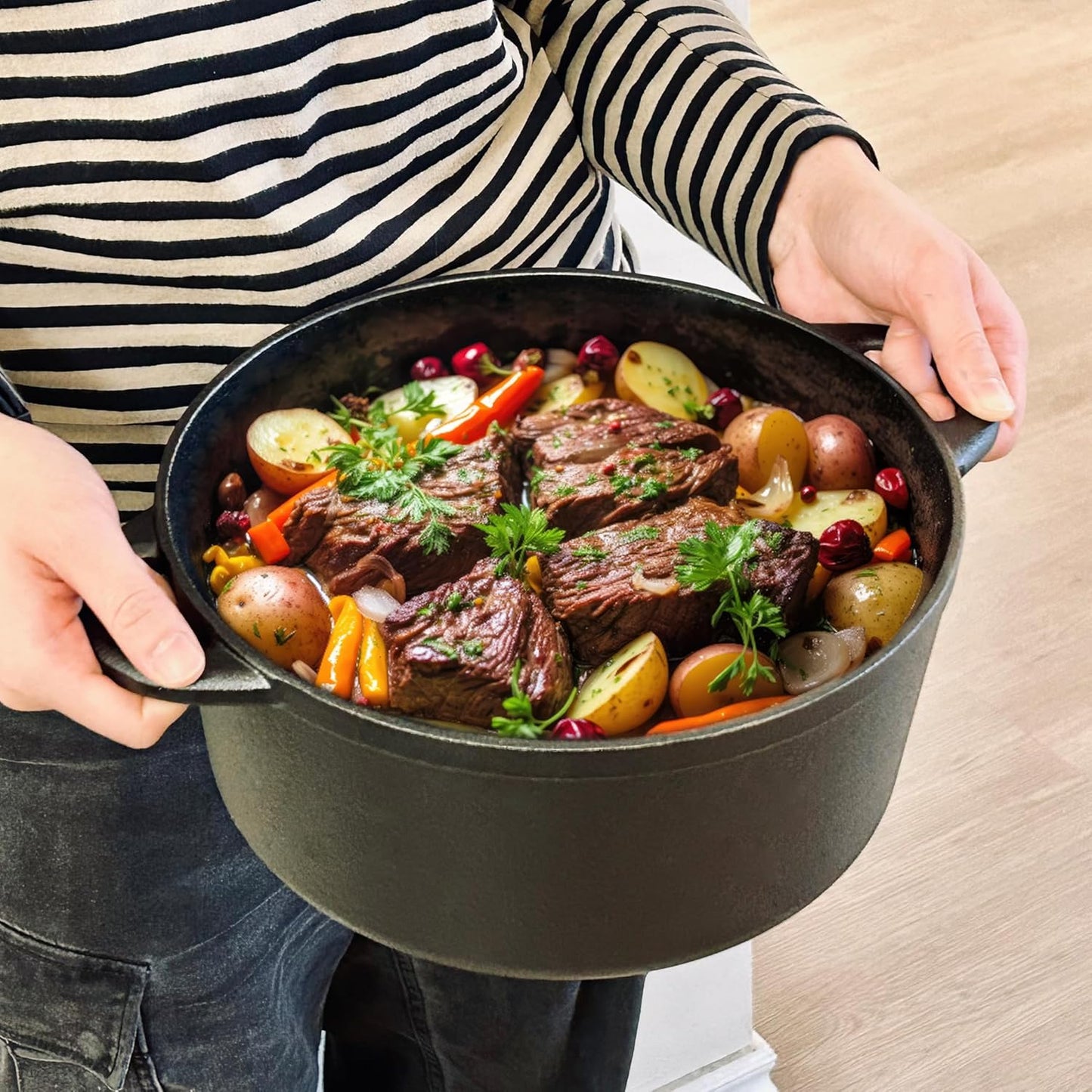 Cuisiland 5 Quart Pre-Seasoned Cast Iron Dutch Oven with Dome Lid & Dual Handles, Heavy-Duty, Oven Safe, Perfect for Baking Bread, Cooking Soup, Frying – Ideal for Indoor/Outdoor Use, Camping, BBQ & Fire Pit Cooking