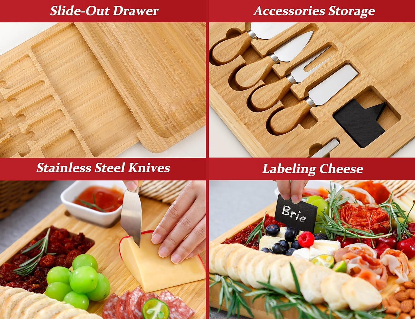 Easoger Cheese Board, Large Charcuterie Board Set, Bamboo Serving Platter, 4 Serving Knives and Utensils - House Warming Gifts, Wedding Gifts for Couples, Birthday Gift for Women or Men