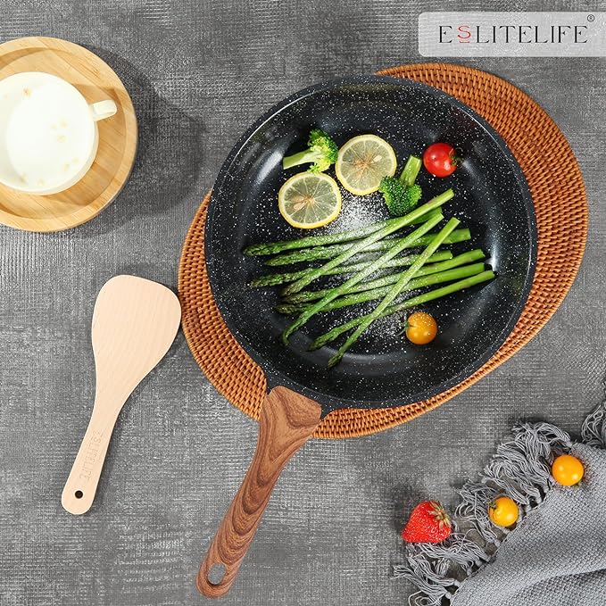 ESLITE LIFE Nonstick Ceramic Frying Pan Skillet, Non-Toxic Egg Omelette Kitchen Cooking Pans Compatible with All Stovetops (Gas, Electric & Induction), PTFE & PFOA Free (Black, 9.5'')