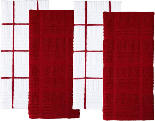 Sticky Toffee Cotton Kitchen Towels Set of 4, Red and White, 28 x 16 in, Absorbent Reusable Hand and Dish Towels, Tea Towels, Oeko-Tex Cotton