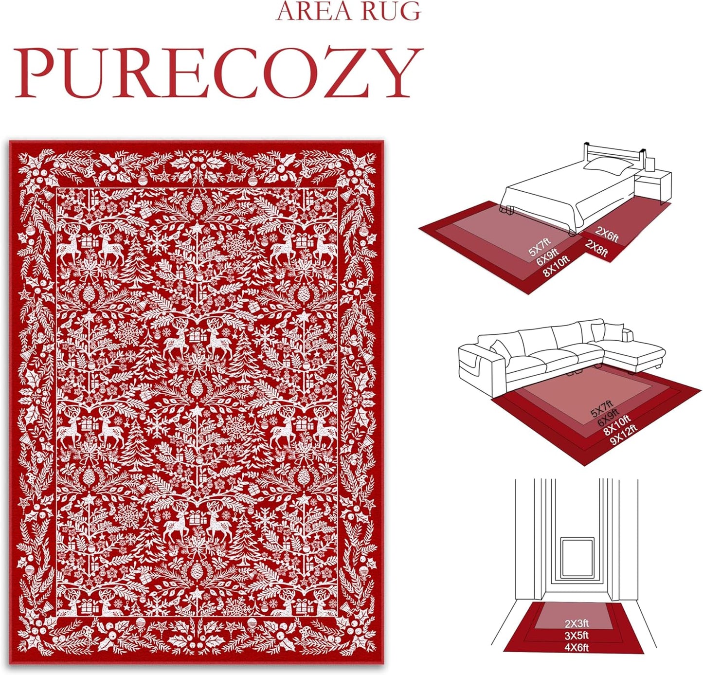 Christmas Area Rug 8x10 Machine Washable Xmas Snowflake Holiday Decor Living Room Rugs Low Pile Carpet Indoor Doormat Red Non-Slip Christmas Deer Carpet for Bedroom Kitchen Dining Bathroom