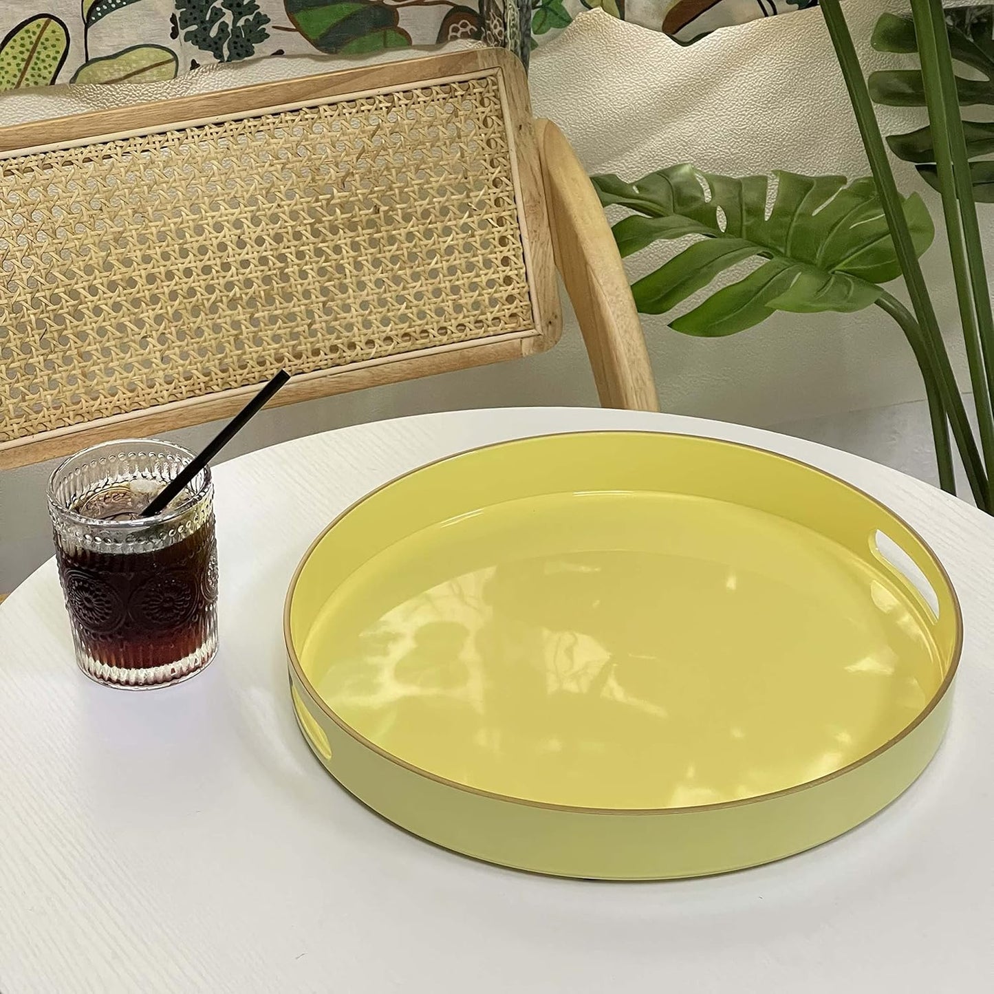 Zosenley Decorative Tray, Plastic Tray with Handles, Modern Vanity Tray and Serving Tray for Ottoman, Coffee Table, Kitchen and Bathroom, Size 13" (Light Yellow)