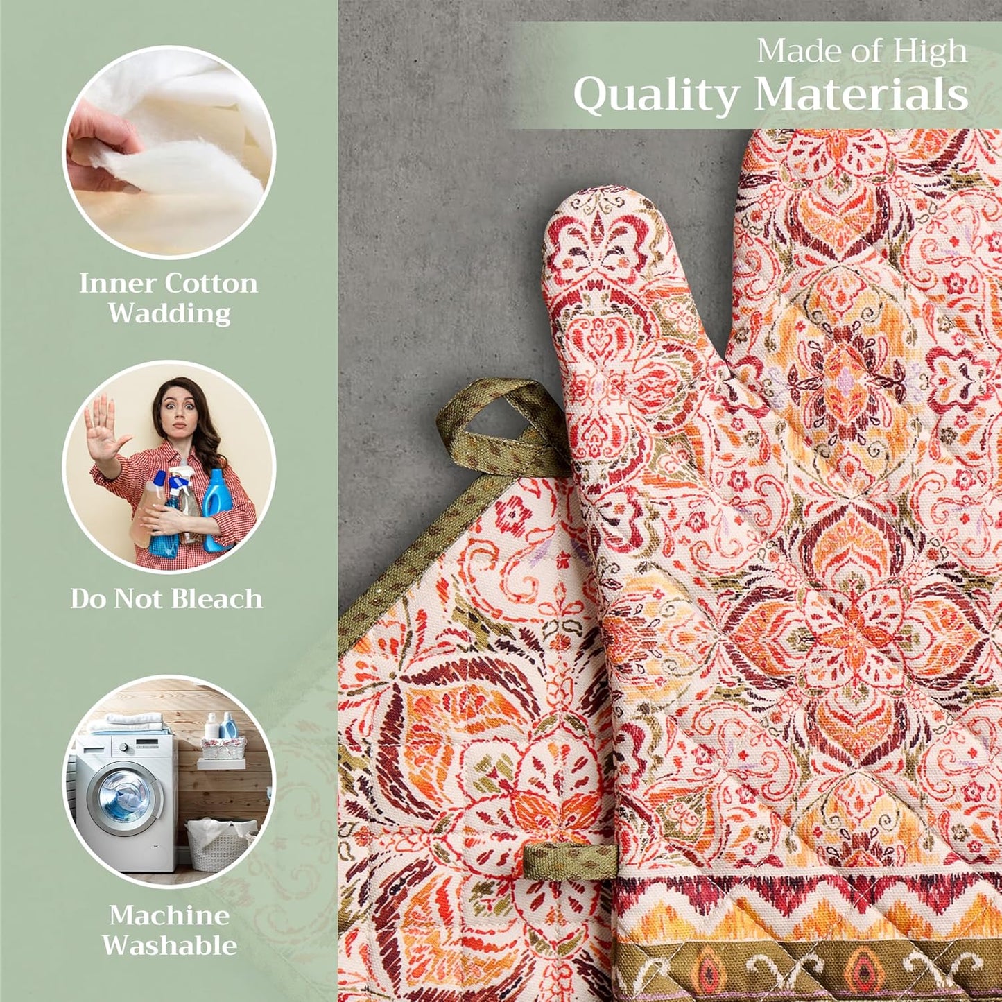 Maison d' Hermine 100% Cotton Oven Mitt & Pot Holder Set (7.5"x13" & 8"x8") Heat Resistant BBQ Cooking Gloves with Loop for Thanksgiving Christmas Decorations Handling Hot Pans (Damask)