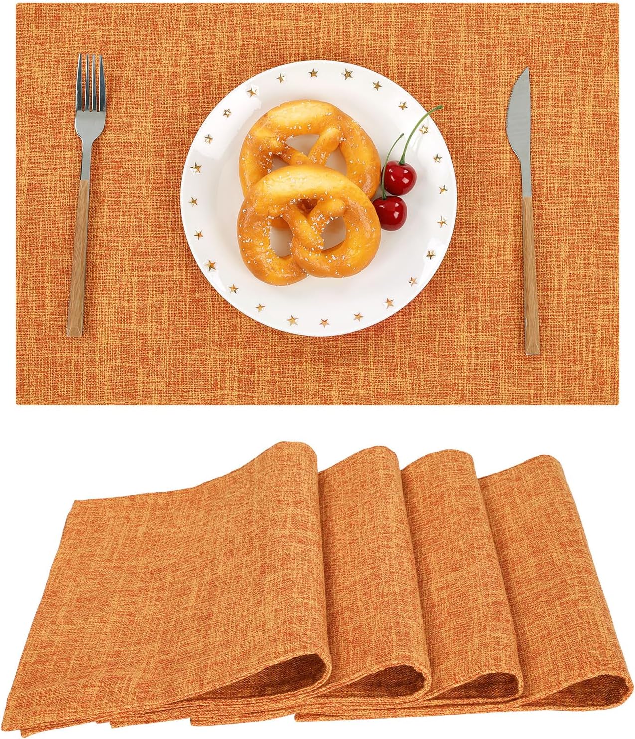 SHACOS Fall Placemats Set of 4 Washable Cloth Double Layer Thick Faux Linen Fabric Table Place Mats Non Slip Table Mats for Thanksgiving Indoor Outdoor, Orange