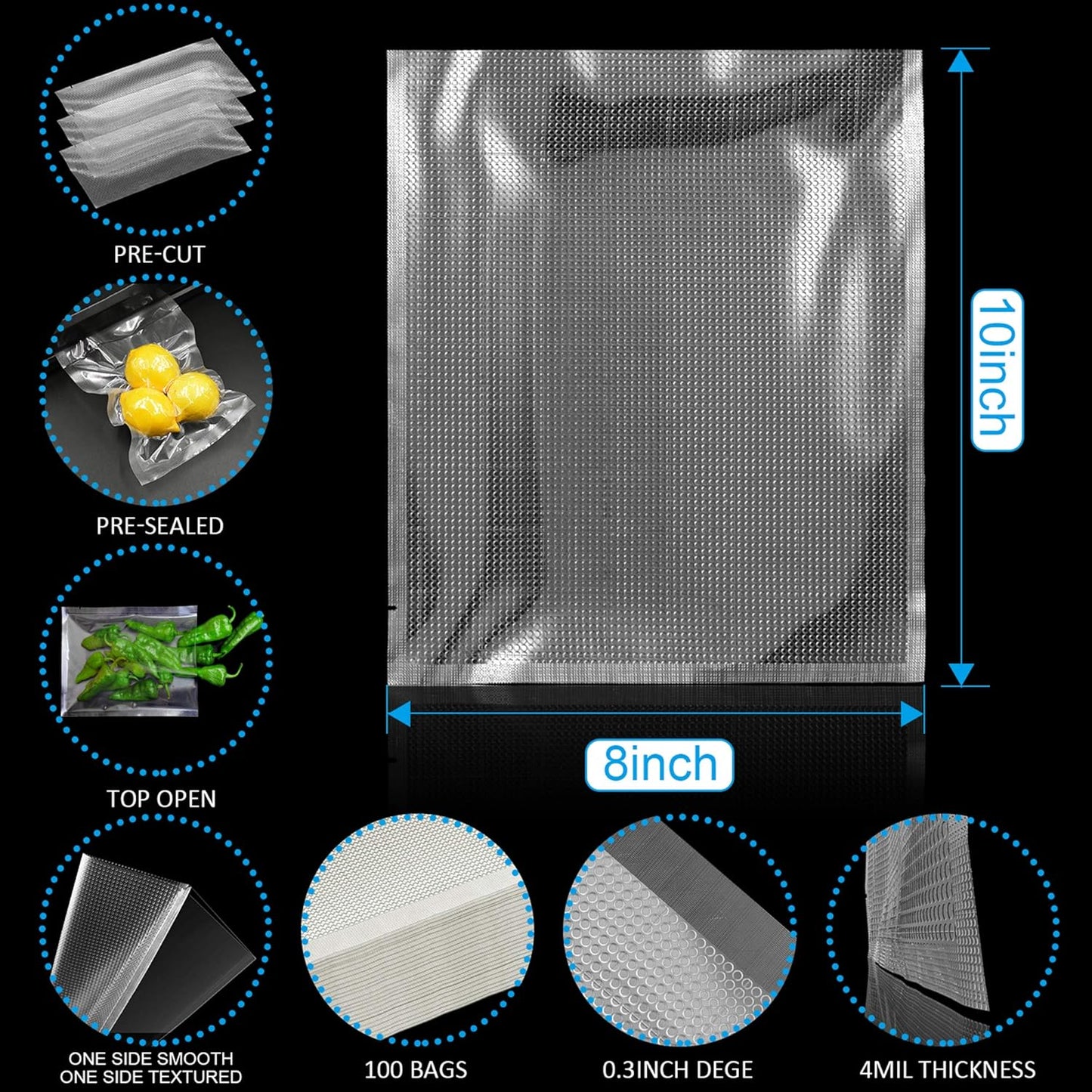 CANLENPK 8×10 Inch/20x24.5cm Vacuum Sealer Bags,Precut Easy Tear Notch Textured Food Storage Bag,Seal Meal Snack Fruit Nut,Boil Steam Heat Freeze Sous Vide Bags,Commercial Food Sealable Bags(100PCS)