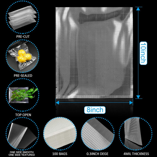 CANLENPK 8×10 Inch/20x24.5cm Vacuum Sealer Bags,Precut Easy Tear Notch Textured Food Storage Bag,Seal Meal Snack Fruit Nut,Boil Steam Heat Freeze Sous Vide Bags,Commercial Food Sealable Bags(100PCS)