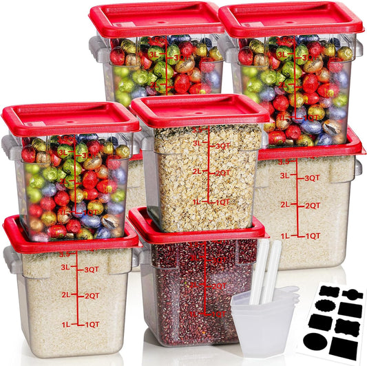4QT NSF Food Storage Containers: 8 PCS [Food Grade][Hot&Cold Resistant] Commercial Clear Square Food Storage Containers with Scales Handles for Home Restaurant Kitchen Proof Dough (Red)