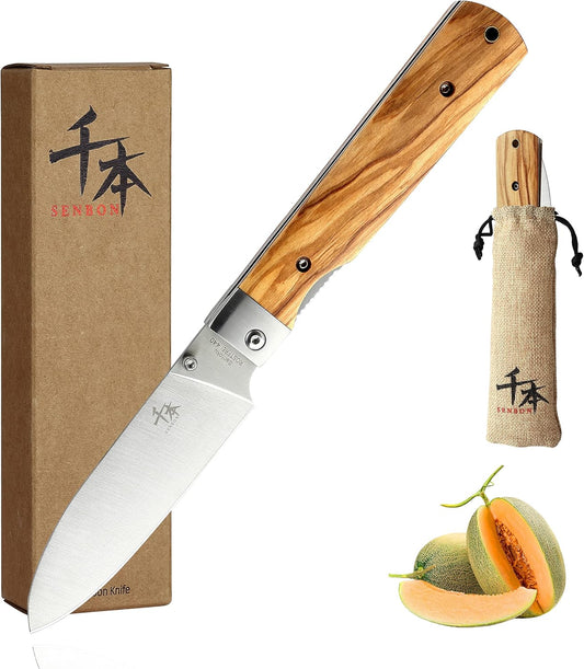 SENBON 440A stainless steel Ultra sharp pocket folding Japanese peeling utility knife Natural Olive Handle Camping trip Outdoor Portable Fruit knife