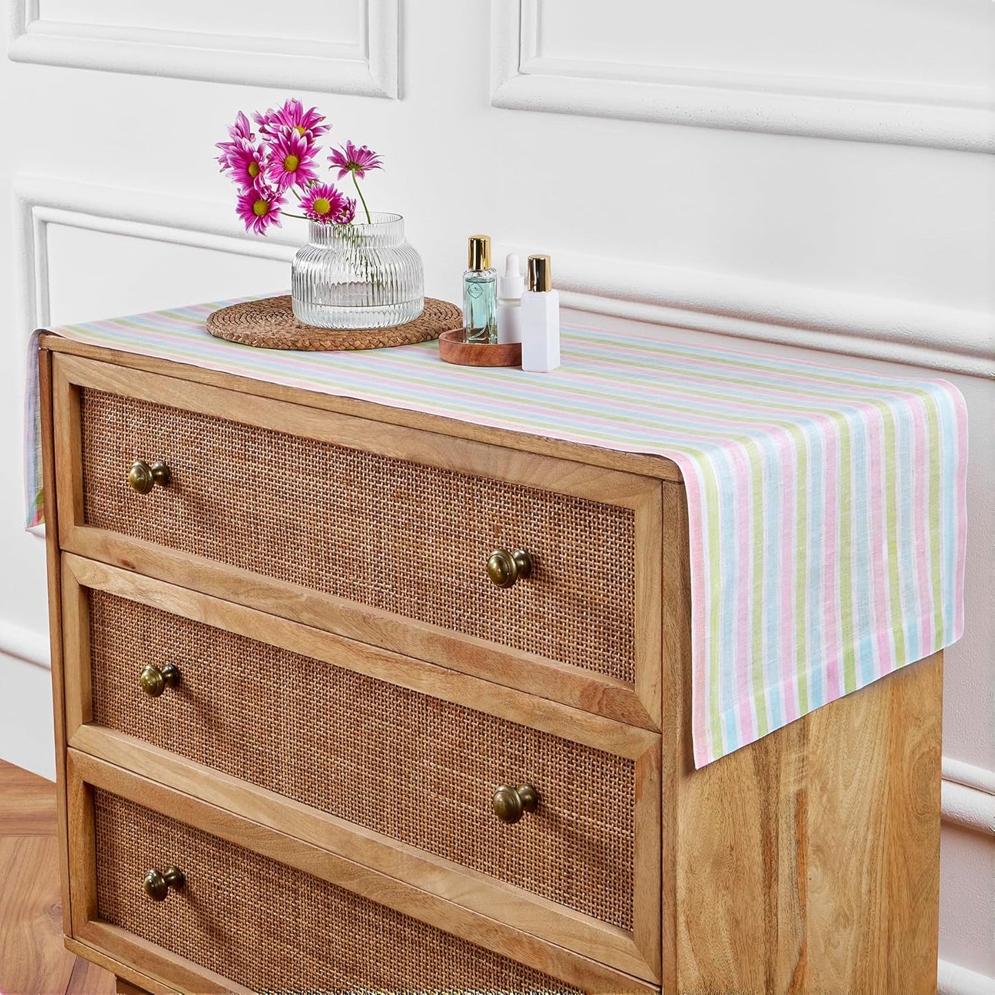 Solino Home Linen Striped Table Runner 60 Inches - 100% Pure Linen Multicolor Palm Beach Stripe Small Table Runner 14 x 60 Inch Ideal for Dresser and Coffee Tables