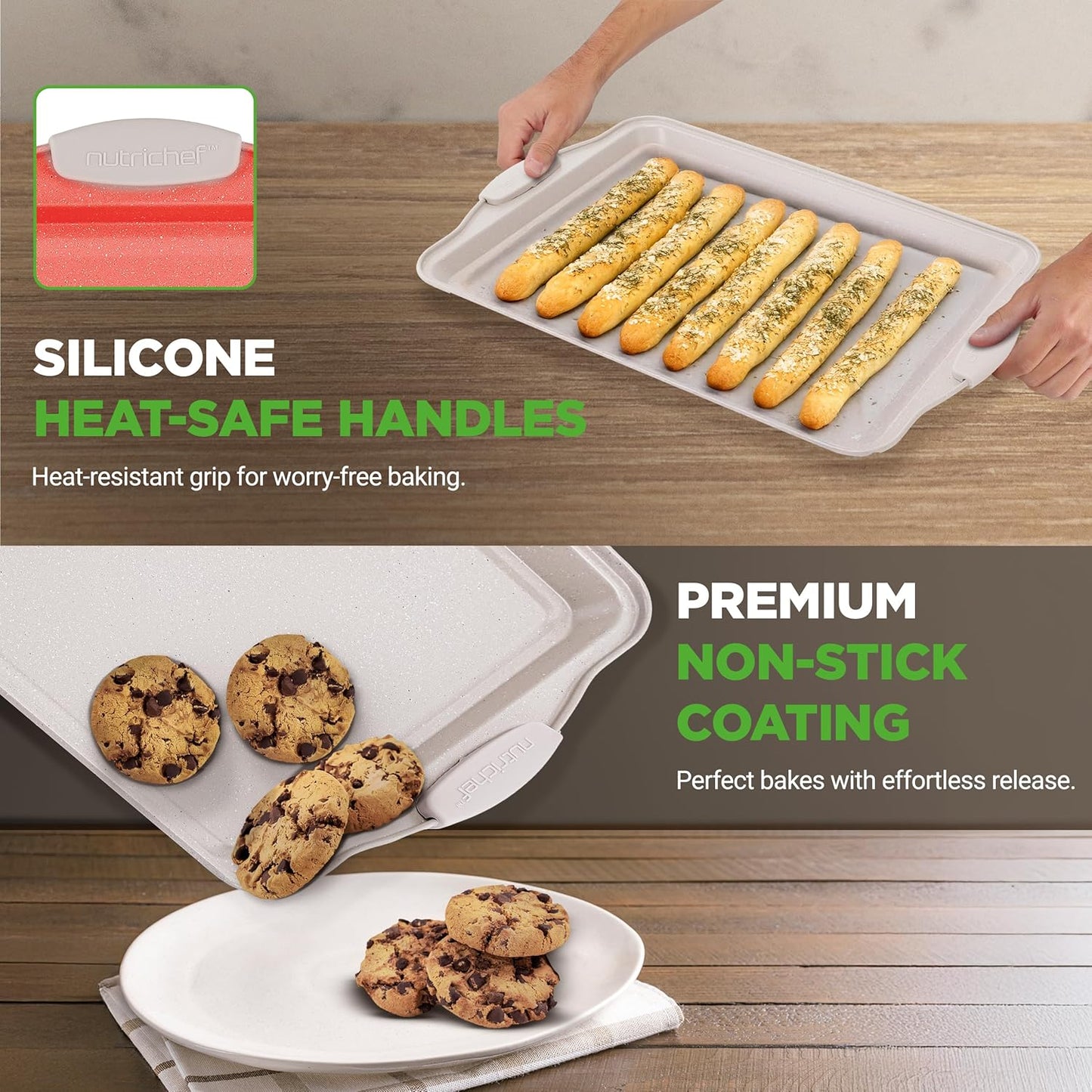 NutriChef 3 Piece Nonstick Cookie Sheets for Baking - Premium Carbon Steel Baking Pans with Black Silicone Handles - Even Heat Distribution, PFOA/PFOS/PTFE Free, Easy to Clean - Cream Marble, NCBKT3CM
