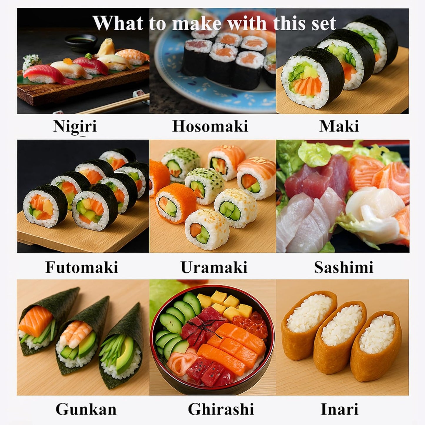 Sushi Making Kit for Beginners with Bazooka, Sashimi Knife, 2 Mats (Bamboo/Dishwasher-Safe PP), Nigiri Mold & Avocado Slicer | Food-Safe, Giftable, Step-by-Step Video Guide