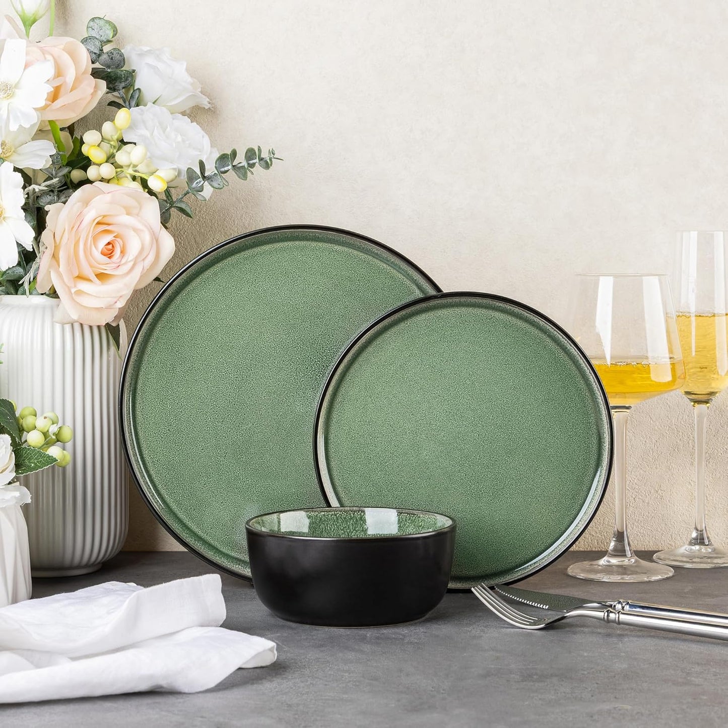 AmorArc Stoneware Dinnerware Sets,Round Reactive Glaze Plates and Bowls Set,Highly Chip and Crack Resistant | Dishwasher & Microwave Safe Dishes Set,Service for 4 (12pc)