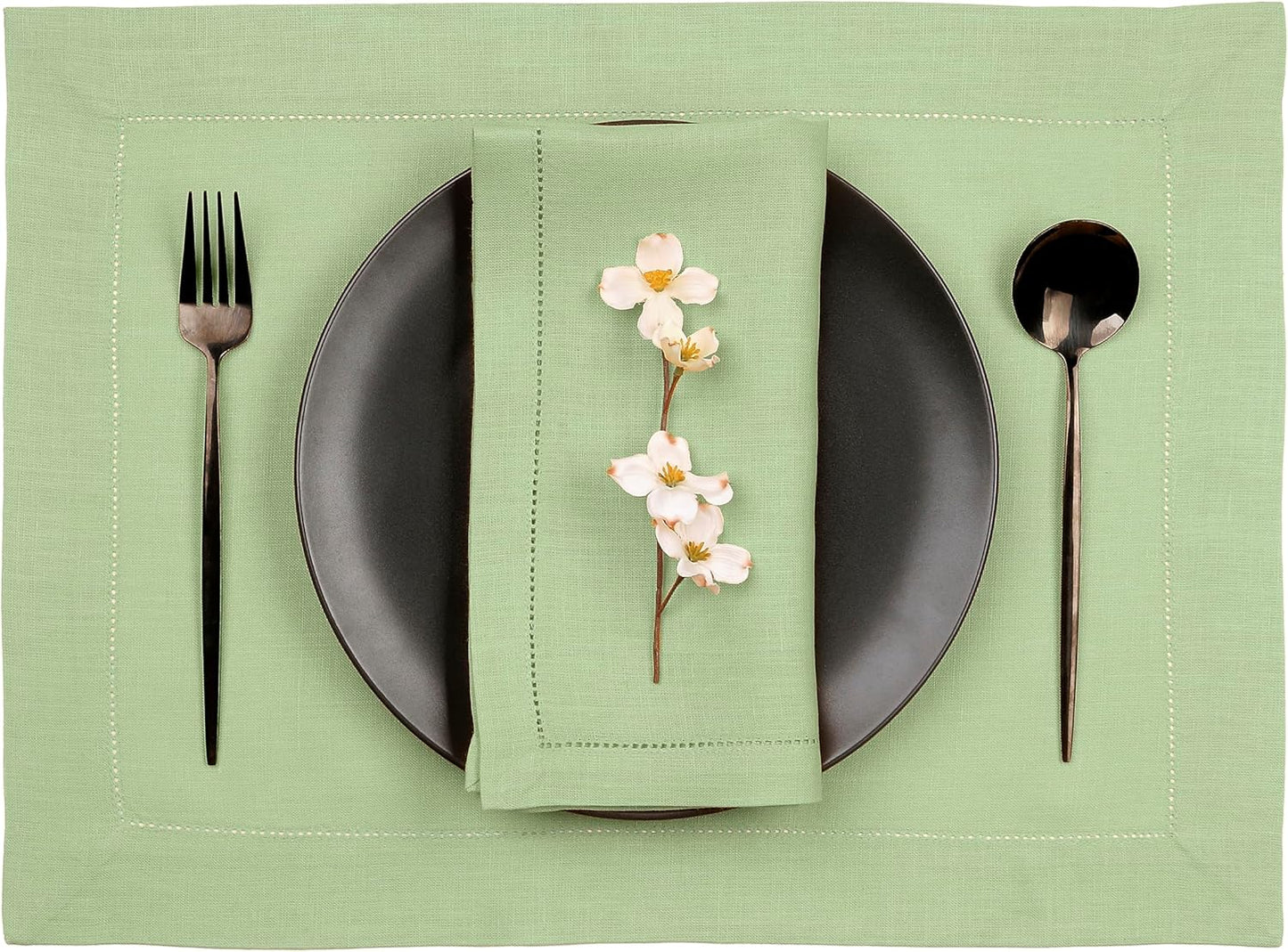 D'Moksha Homes Sage Green Linen Cloth Placemats Set of 4-100% Pure Linen Hemstitch Placemats 14 x 19 Inch - Classic Hemstitch Table Place Mats for Fall, Halloween - Handcrafted and Machine Washable