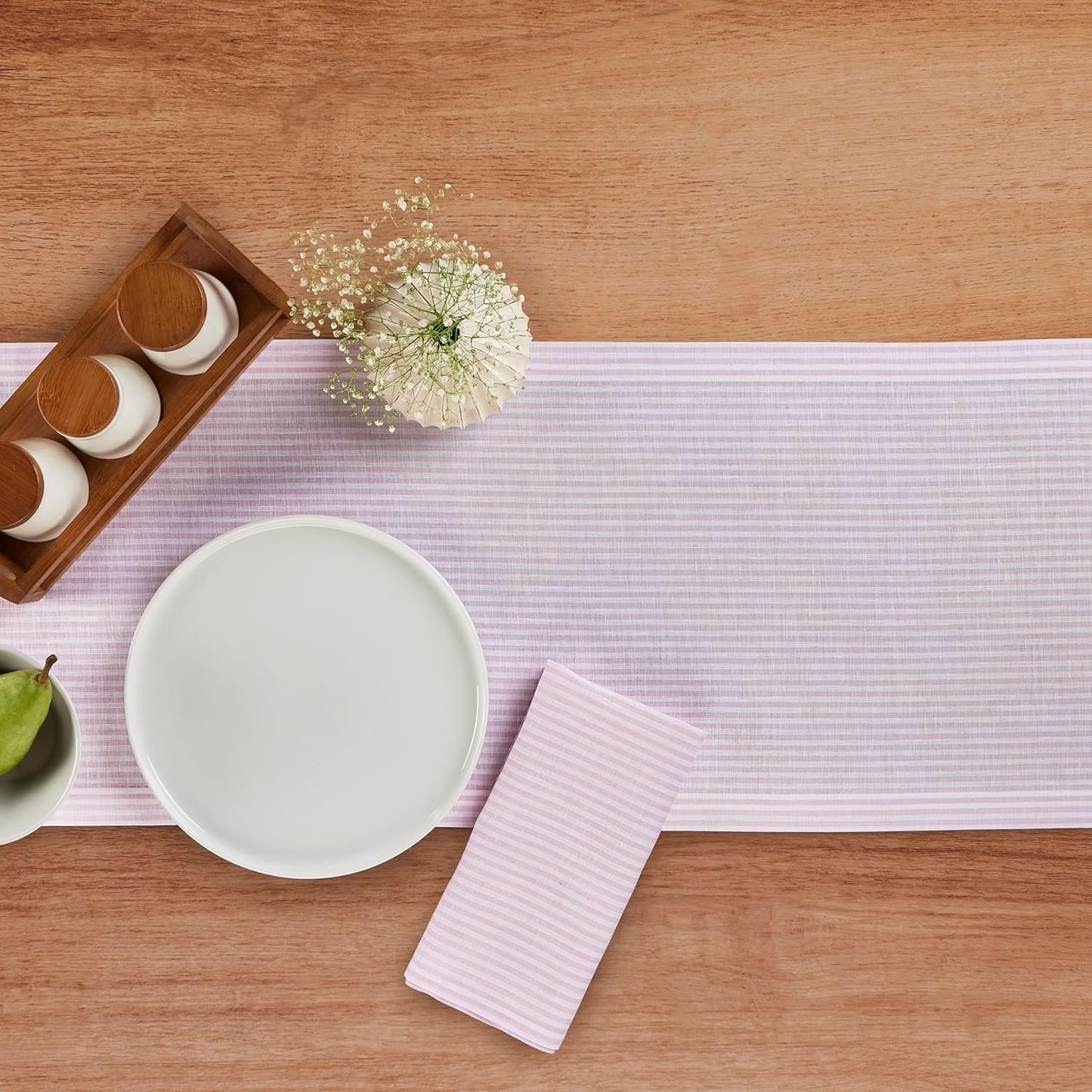Solino Home Linen Table Runner 48 Inches - Narrow Stripe 100% Pure Linen Pink and White Table Runner 14 x 48 Inch Ideal for Dresser and Coffee Tables - Halloween