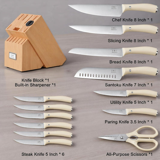 Newly Updated Sharp Chef Knife Set,High Carbon Stainless Steel Forged,Kitchen Knife Set Ergonomic Handle,Hundreds of Years of Masterful Craftsmanship(15PCS,Ivory)
