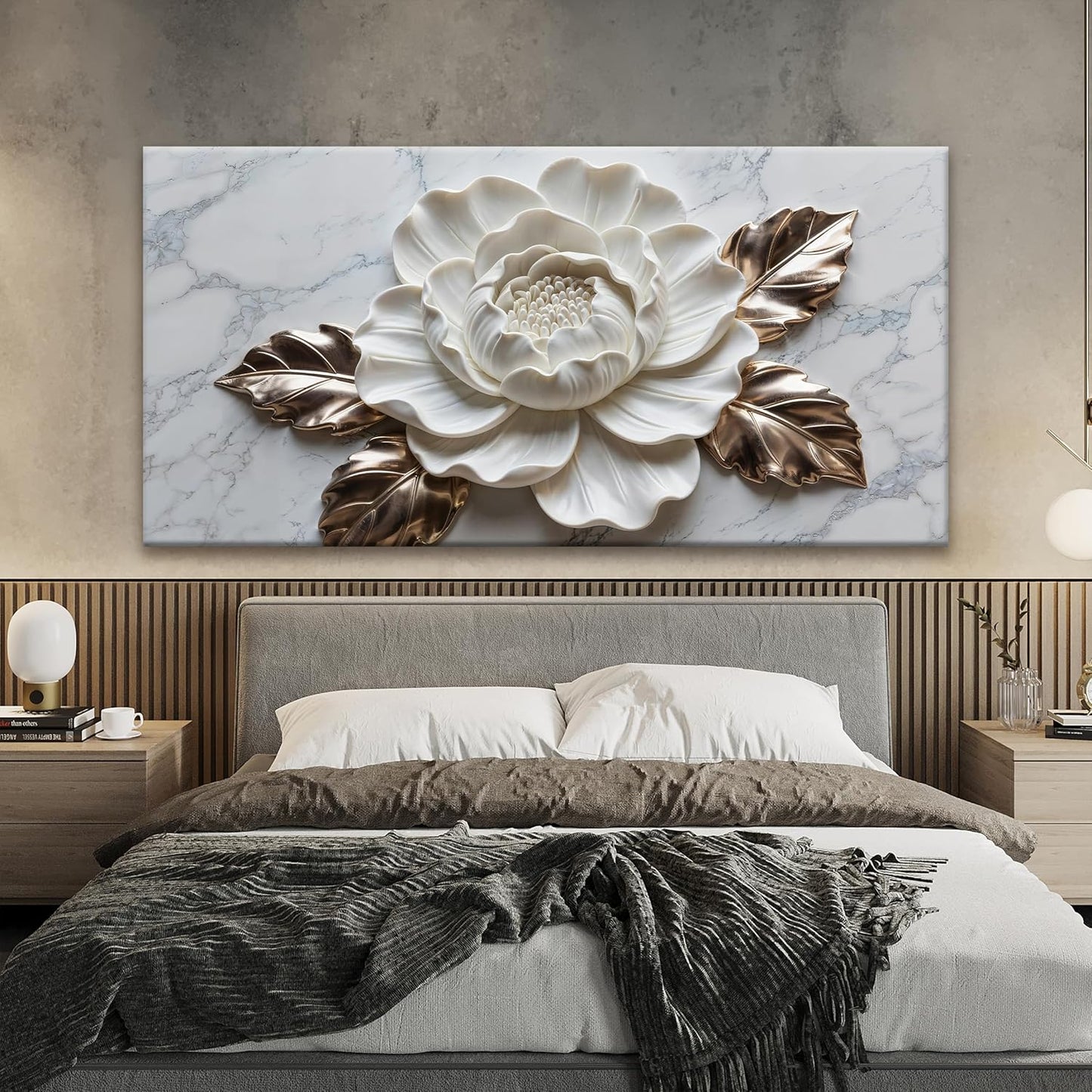 Suconvng Canvas Wall Art Living Room Home Wall Decor Modern White Flower Canvas Art Wall Decor 29 X 58 Inches Large Wall Art Elegant Marble Texture Picture For Bedroom Office Artwork