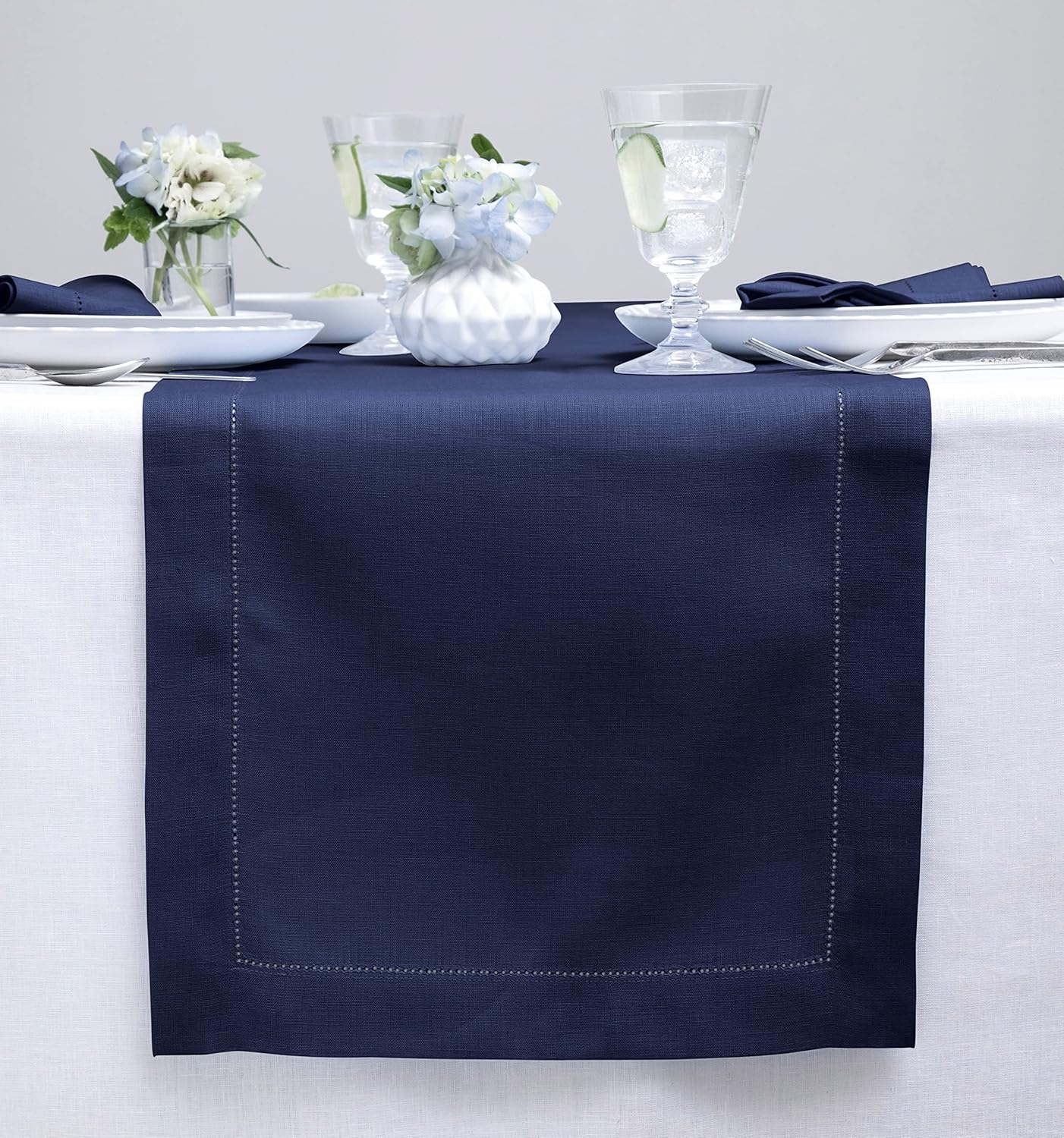 Solino Home Linen Navy Blue Table Runner 90 Inches Long - 100% Pure Linen Hemstitch 14 x 90 Inch Table Runner for Dining, Fall, Autumn, Thanksgiving, Christmas - Classic Hemstitch