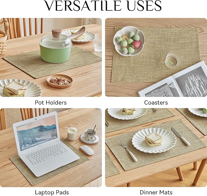 Softalker Faux Linen Placemats Set of 12-12 x 18 Inch, Heat Resistant Double Layered Durable Burlap Farmhouse Place Mats, Non-Slip Washable Rustic Table Mats for Dining, Kitchen, Party（Khaki