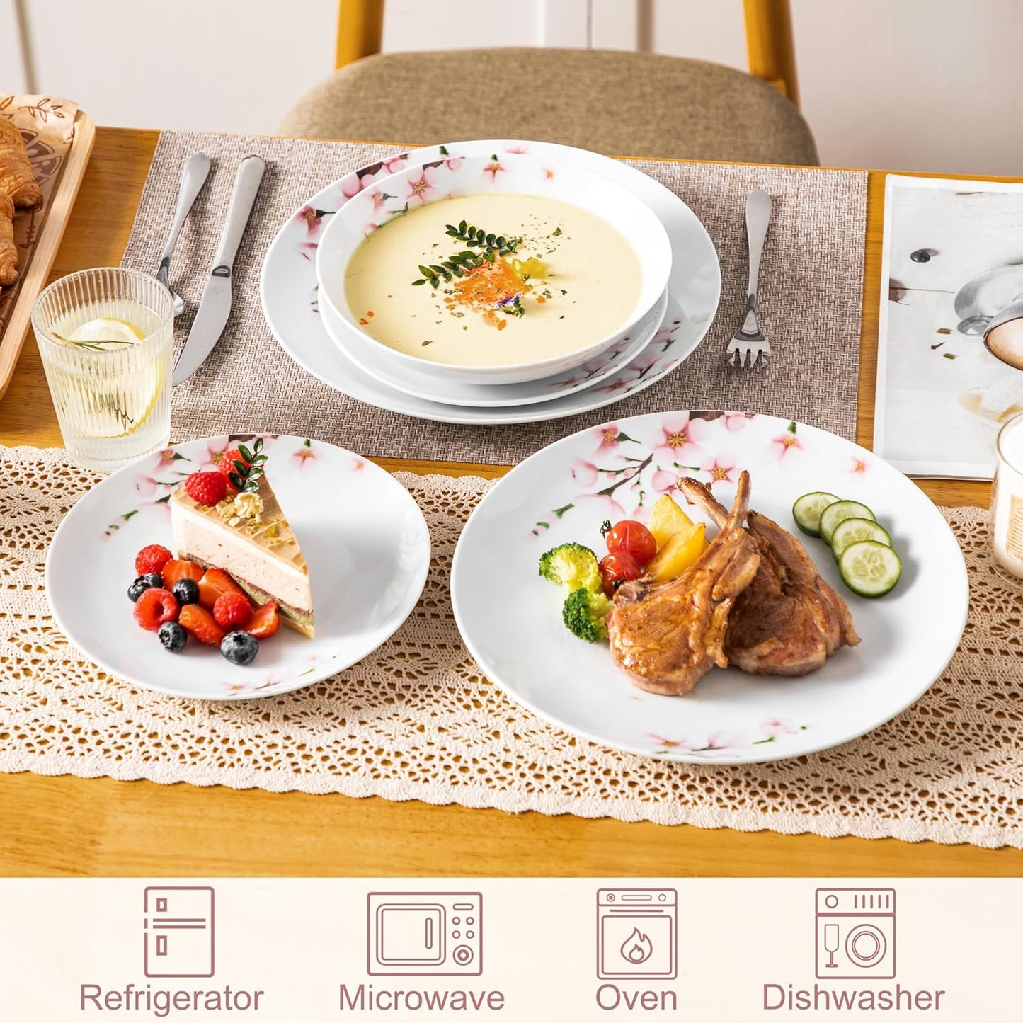 VEWEET 18 Pieces Dinnerware Sets for 6, Porcelain Plates and Bowls Set with Pink Floral, Classic Dishes Set Dining Ware for Dinner, Microwave and Dishwasher Safe, Series ANNIE