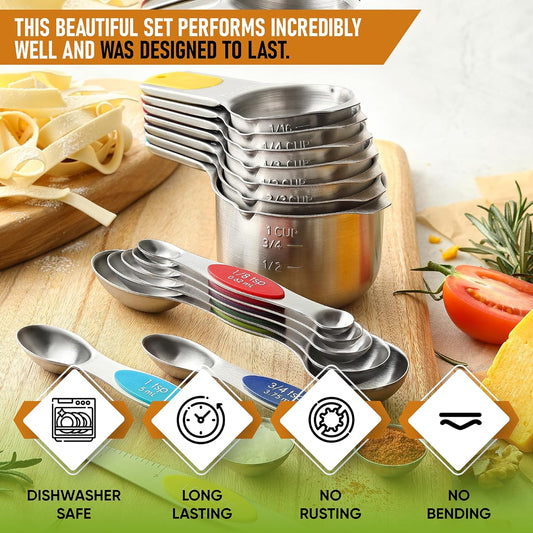 Spring Chef Magnetic Measuring Cups & Spoons Set, Patented, Strong N45 Magnets, Heavy Duty Stainless Steel Fits in Spice Jars for Baking & Cooking, BPA Free, Set of 15 with Leveler, Multicolor