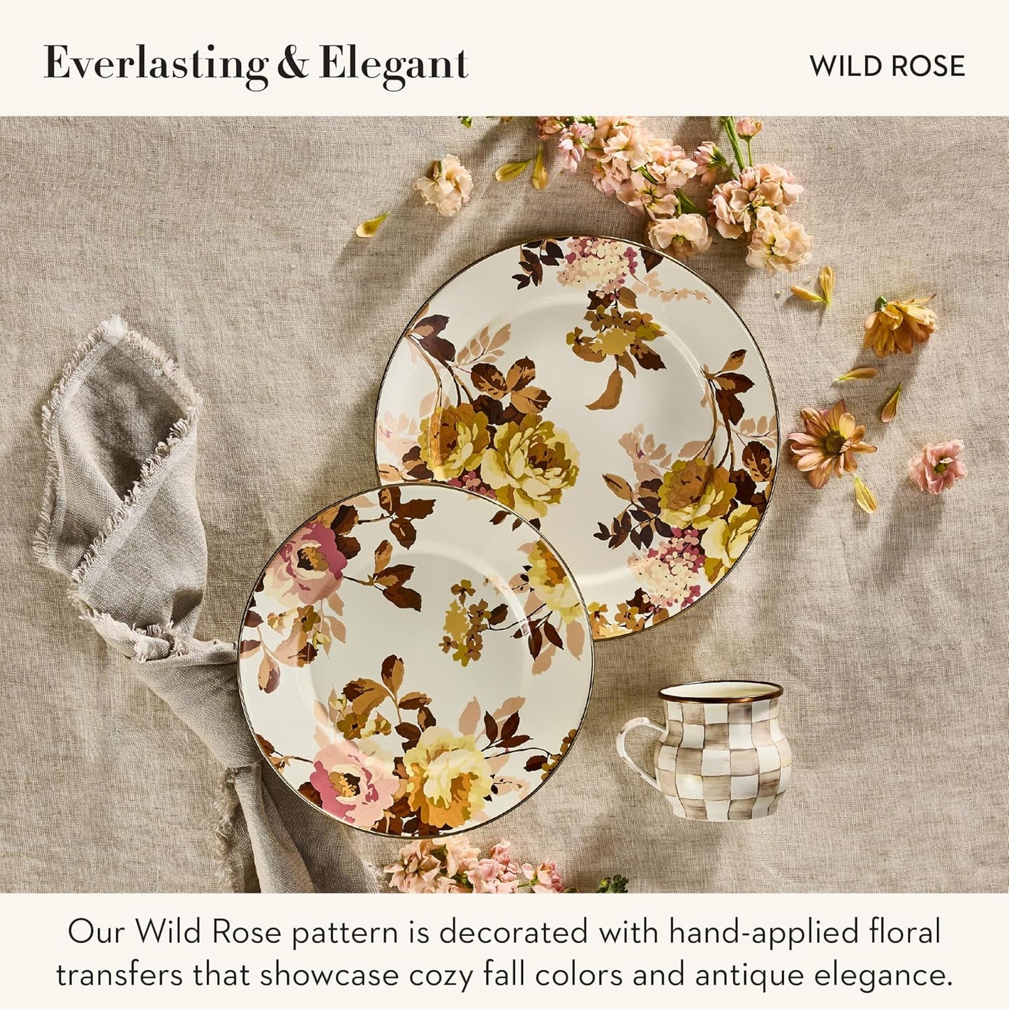 MACKENZIE-CHILDS Enamel Round Tray, Unique Serving Platter for Food and Drinks, Wild Rose White