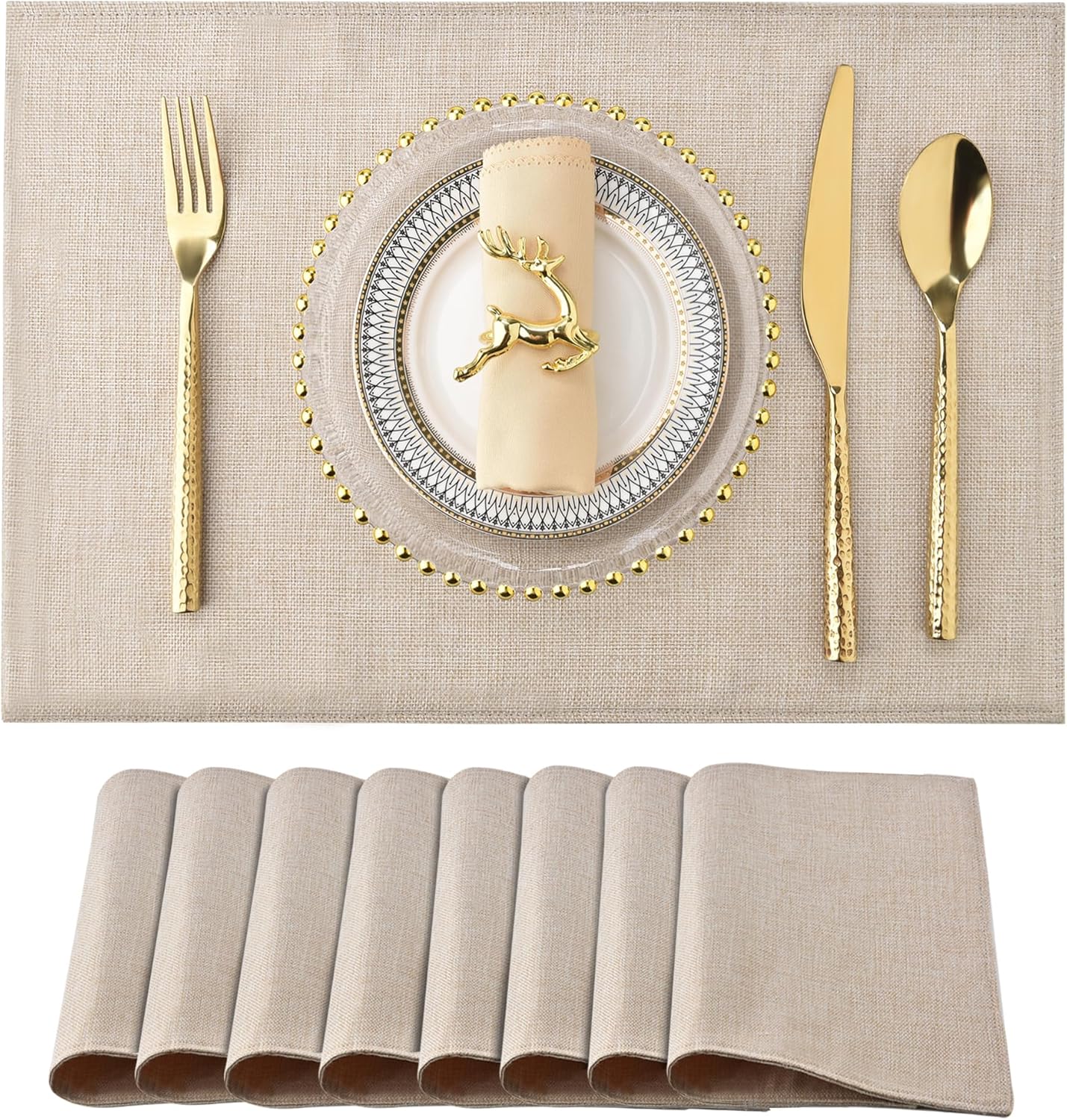 SLKQG Linen-Look Placemats Set of 8, Heat Resistant & Machine Washable Double-Layered Cloth Placemats for Dining Table, Indoor/Outdoor Use, Non-Slip Kitchen Table Mats (8, Light Linen)