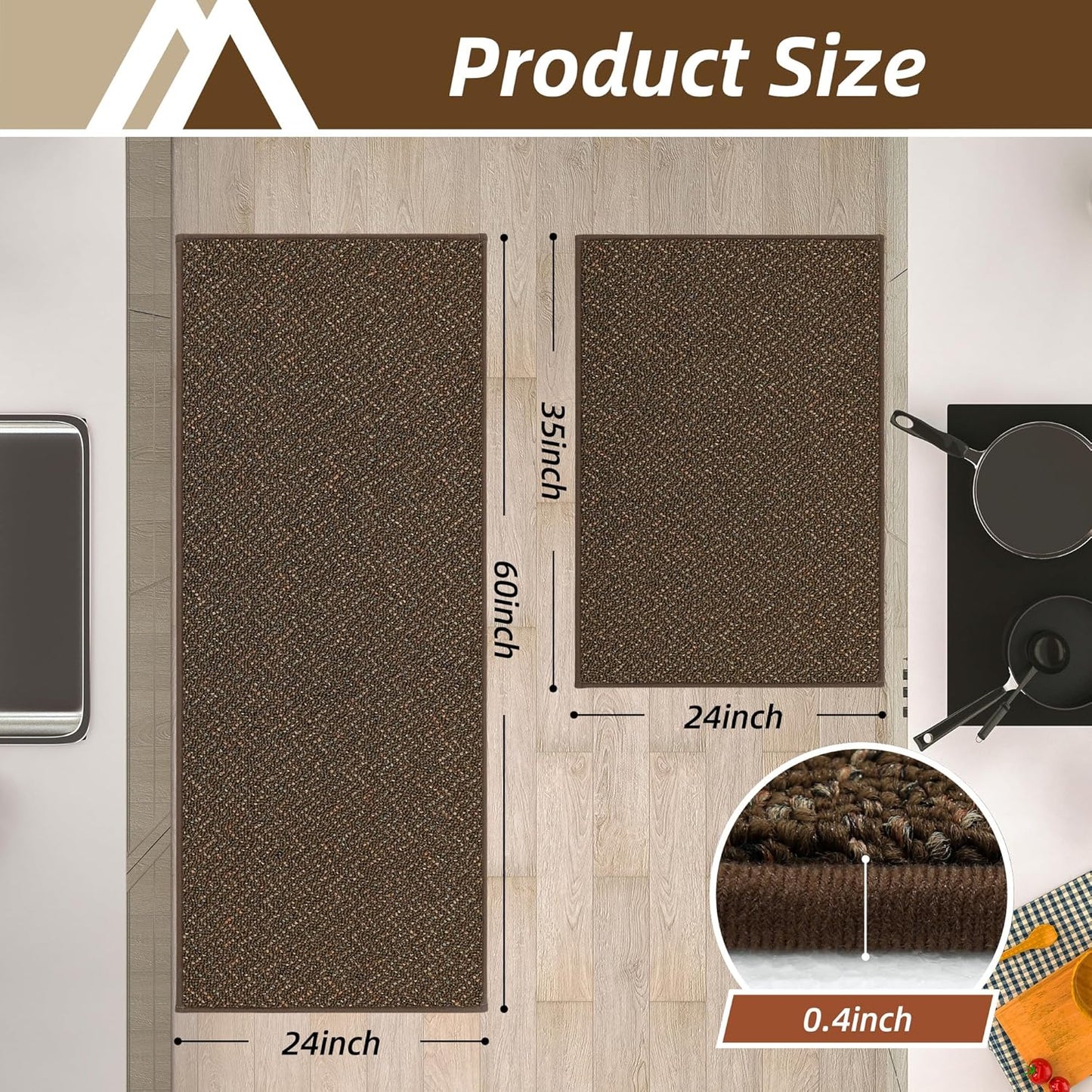 COSY HOMEER Kitchen Rugs Non Slip Washable 24"x36"+24"x60" Absorbent Kitchen Mats for Floor Stain Resistant Kitchen Runner Rug Sets of 2 Kitchen Floor Mats for Sink,Brown