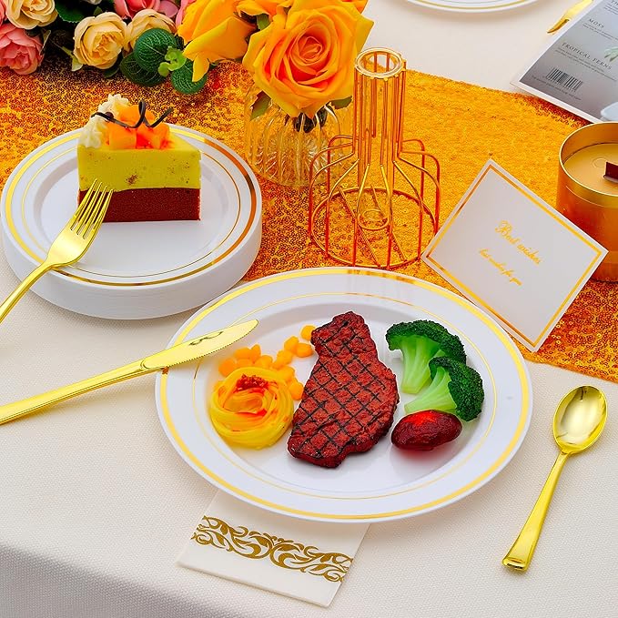 700 PCS Gold Plastic Dinnerware for 100 Guests, Gold and White Disposable Plates include 100 Dinner Plates,100 Dessert Plates,100 Silverware Set,100 Cups,100 Napkins
