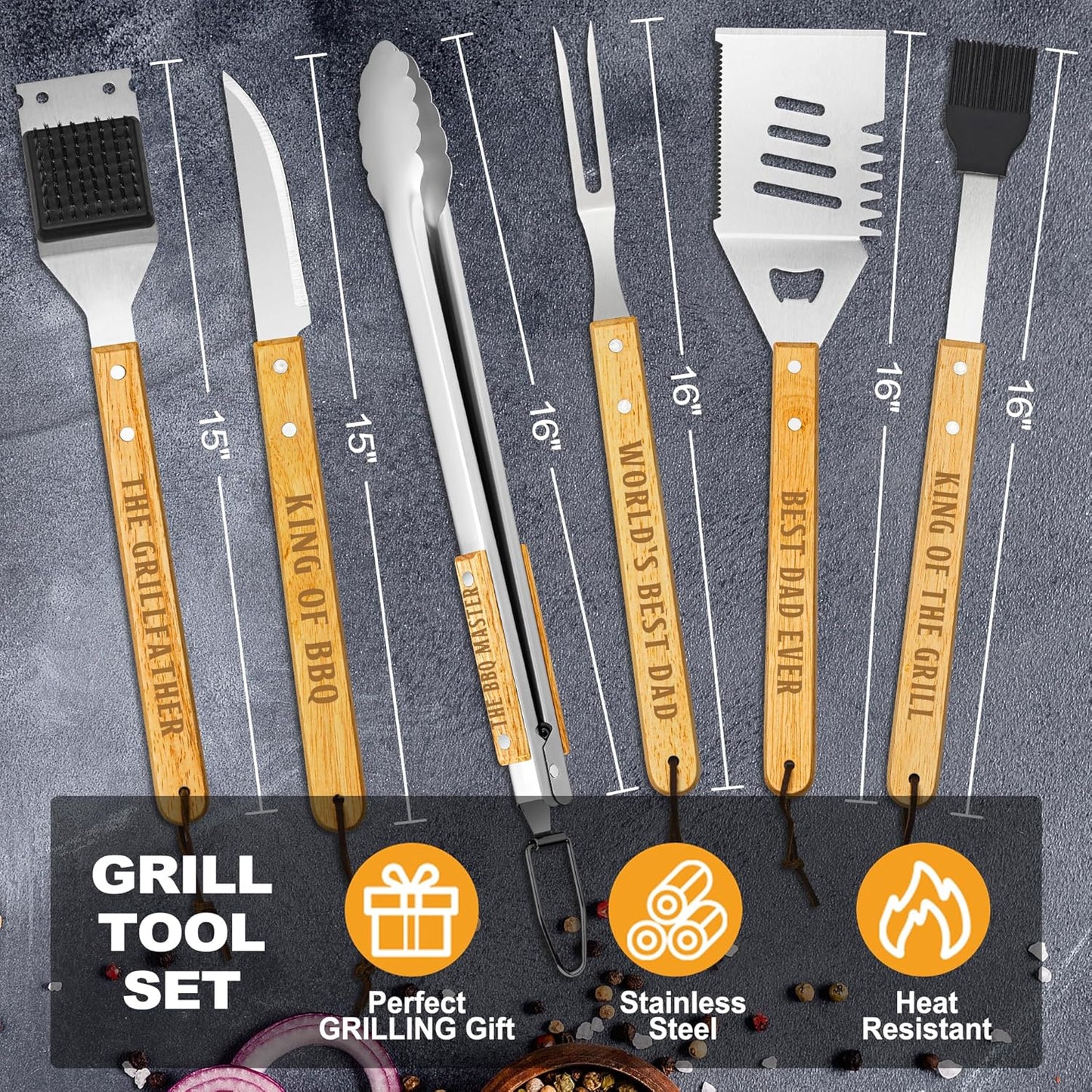 Dad Gifts from Daughter Son, Dad Grilling Birthday Gift Heavy Duty Wooden BBQ Grilling Accessories Kit for Backyard, Thick Stainless Steel Grill Utensils with Non-Slip Handle Tools in Portable Bag