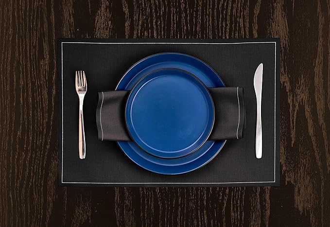 Stone Lain Albie Stoneware 16-Piece Modern Dinnerware Set, Kitchen Plates and Bowls Sets, Dish Set for 4, Blue and Black