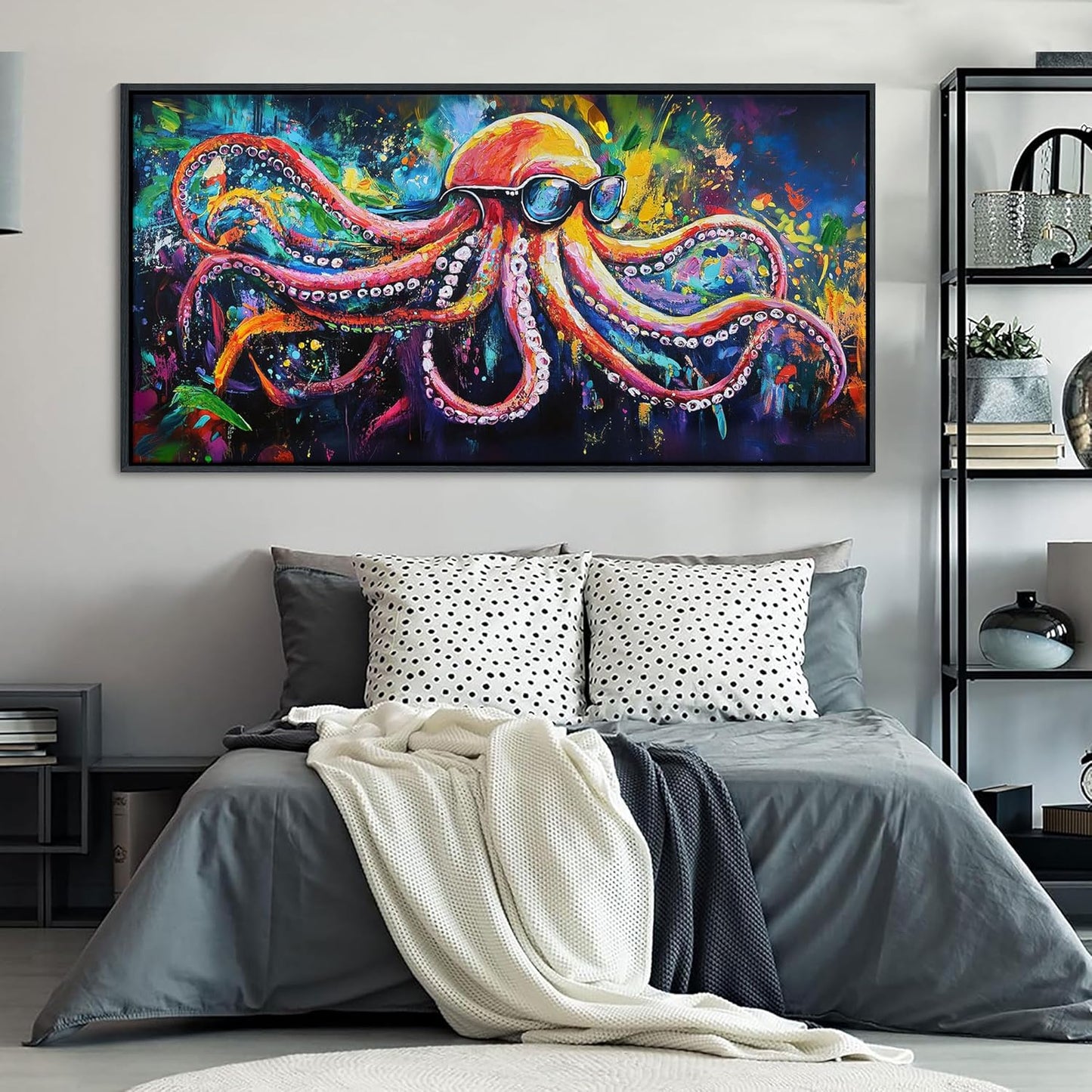 JEAWA Abstract Graffiti Wall Art, Large Framed Funny Octopus Street Cool Pop Art Texture Canvas Paintings for Living Room Bedroom kitchen Home Wall Decor and Gifts for Men 29x58 IN
