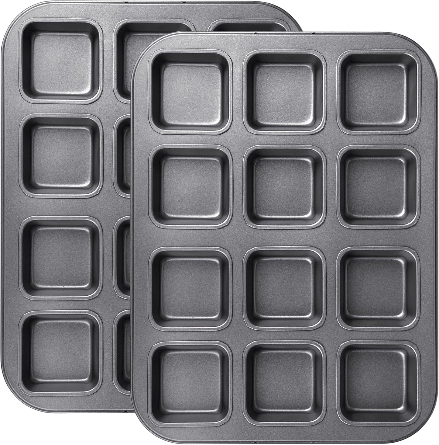 Tiawudi 2 Pack Brownie Pan, Non-stick Bakeware for Bread and Loaf, Heavy Duty Carbon Steel Mini Muffin Pan, 12-Cavity