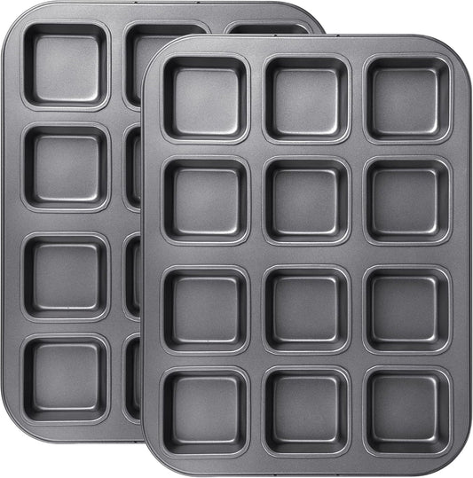 Tiawudi 2 Pack Brownie Pan, Non-stick Bakeware for Bread and Loaf, Heavy Duty Carbon Steel Mini Muffin Pan, 12-Cavity