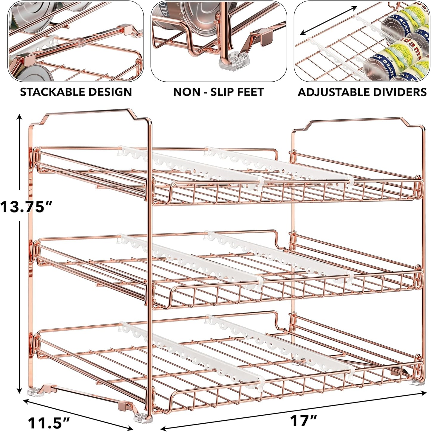 Simple Houseware Stackable Can Organizer Rack for Pantry/Cabinet – 11.5" D x 17" W x 13.75" H, Holds 36 Cans, 3-Tier Can Food Storage Dispenser, Rose Gold