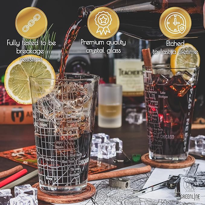 Greenline Goods Beer Glasses - 16 oz Drinkware Set for Chicago lovers - Set of 2 - Etched with Chicago, IL Map | Premium Decorative Glassware