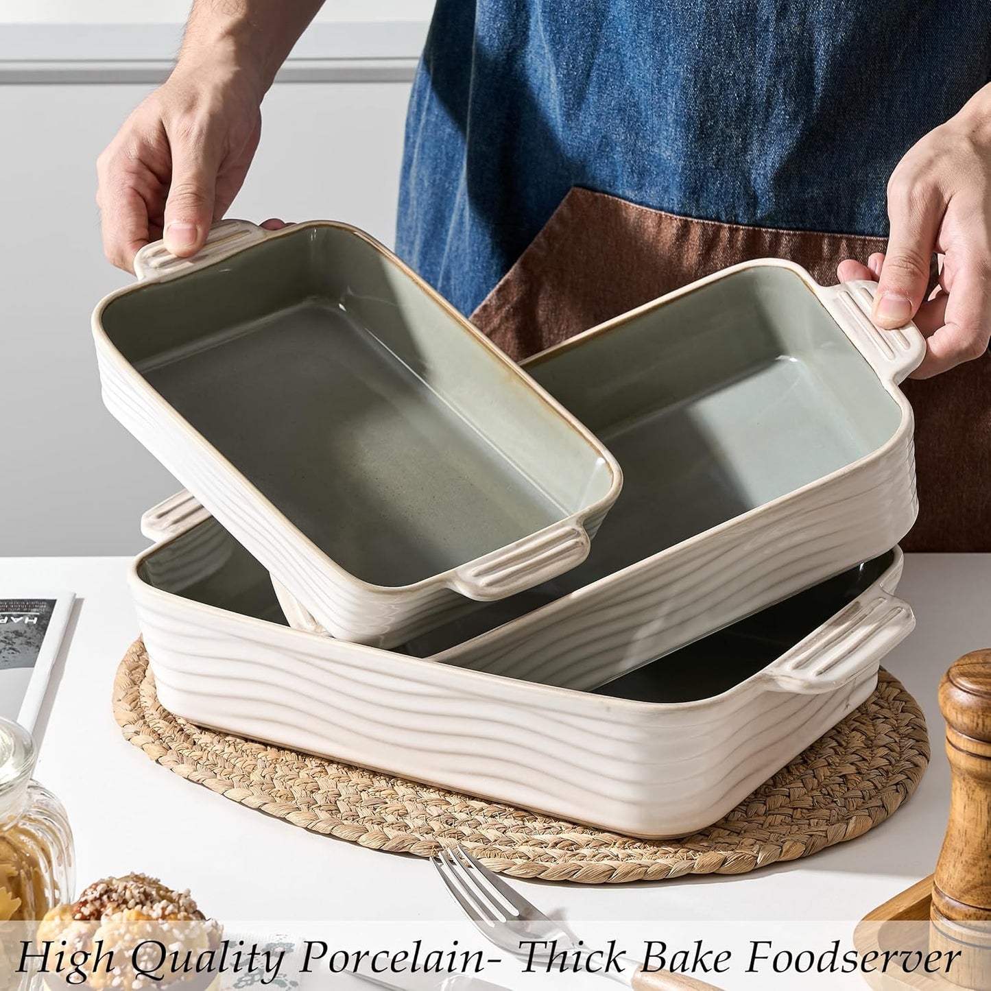 Ceramic Baking Dish Set of 3, Casserole Dishes for Oven, Square Porcelain Bakeware Set with Handles, Lasagna Baking Pan for Cooking, Perfect for Baking and Serving, Housewarming, Halloween, Thanksgiving, Christmas, New Year-White&Green