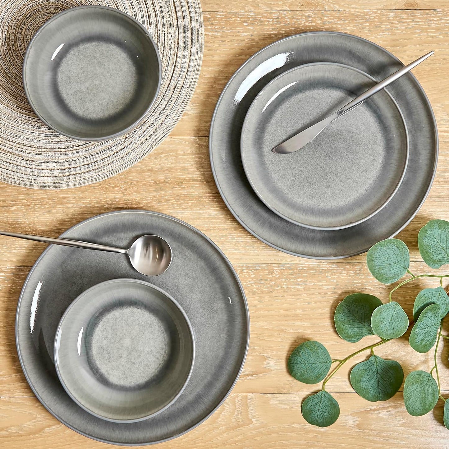 Sango Asher 12-Piece Stoneware Dinnerware Set for 4, Gray Ceramic Plates and Bowls Sets, Modern Dish Set with Reactive Glaze, Durable Kitchen Dishes for Casual Dining, Microwave & Dishwasher Safe