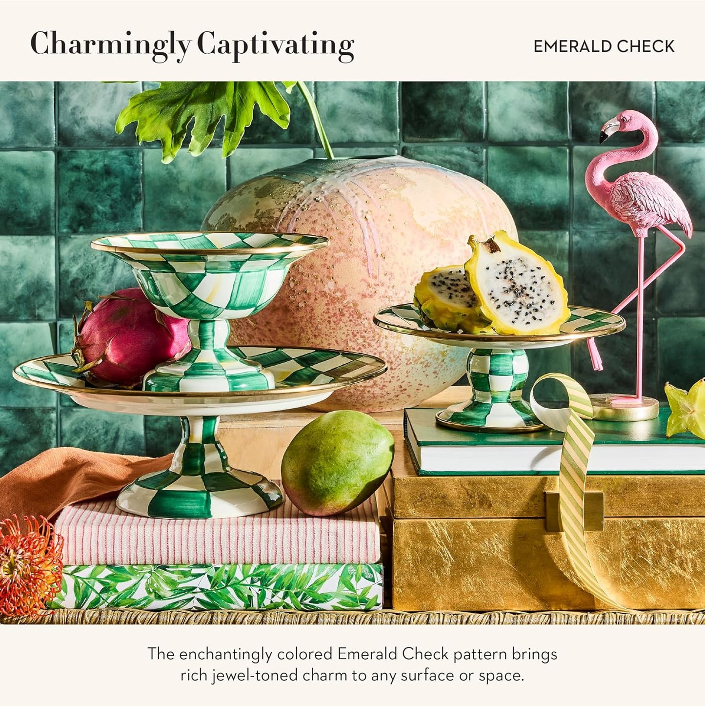 MACKENZIE-CHILDS Enamel Compote, Cute Enamel Pedestal Serving Dish or Decorative Bowl, Small, Green-and-White Emerald Check