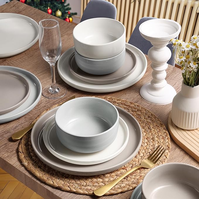 HaWare Stoneware Dinnerware Sets, 12-Piece Plates and Bowls Set for 4, Dishes Set for Home Restaurant, Speckled Multicolor