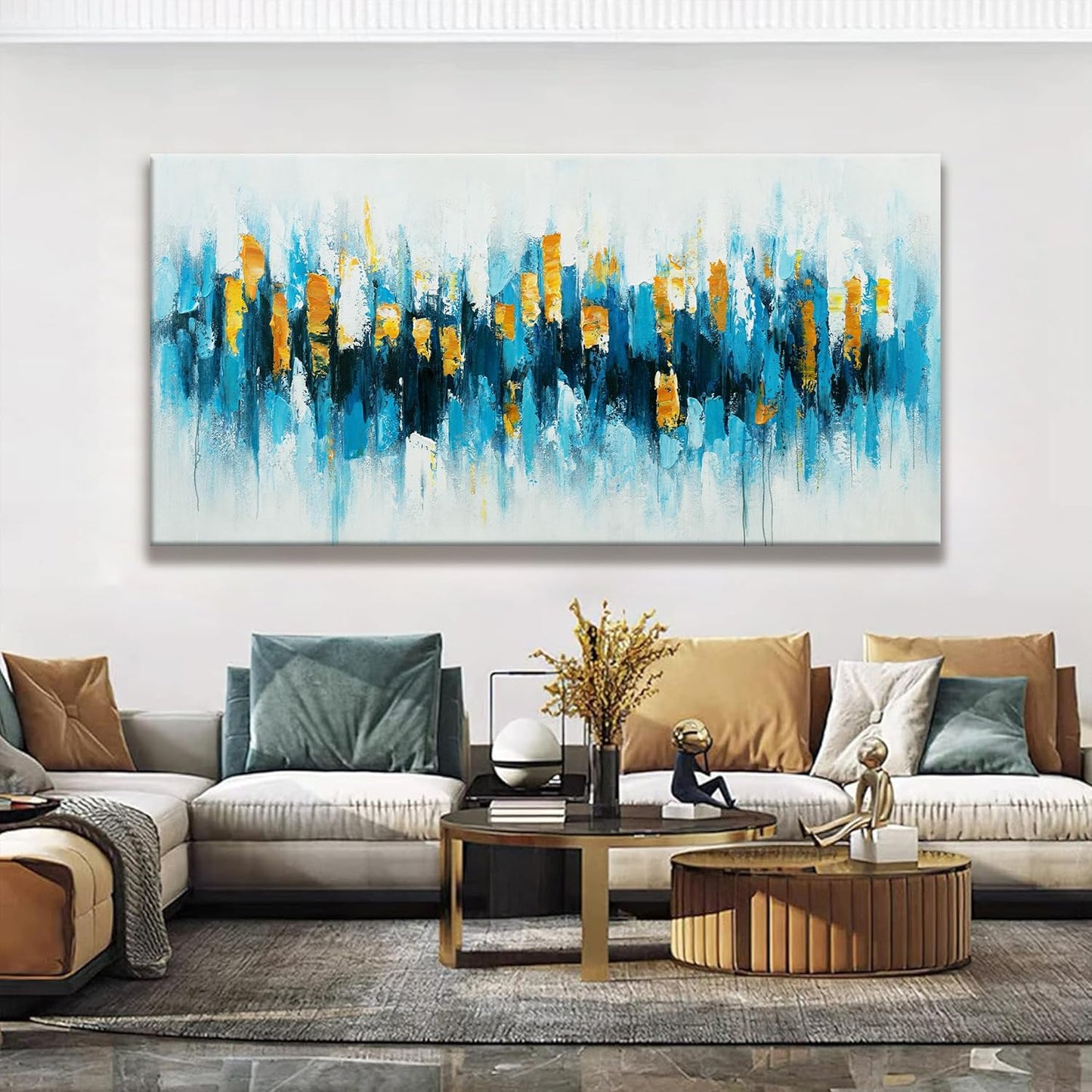 Abstract Wall Art Canvas Art Wall Decor For Living Room Decorations Large Blue And Gold Abstract Wall Decor White Abstract Wall Art For Home Bedroom Kitchen Office Artwork 29x58 Inch