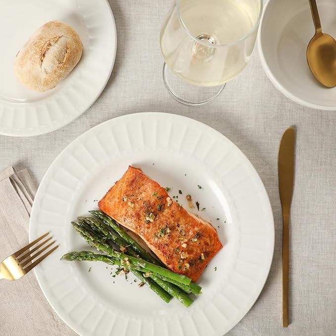 Gibson Home Melbourne White Plates and Bowls Set, 16 Piece Embossed Ceramic Dinnerware Set - Service for 4 Dishes - With Pasta Bowl