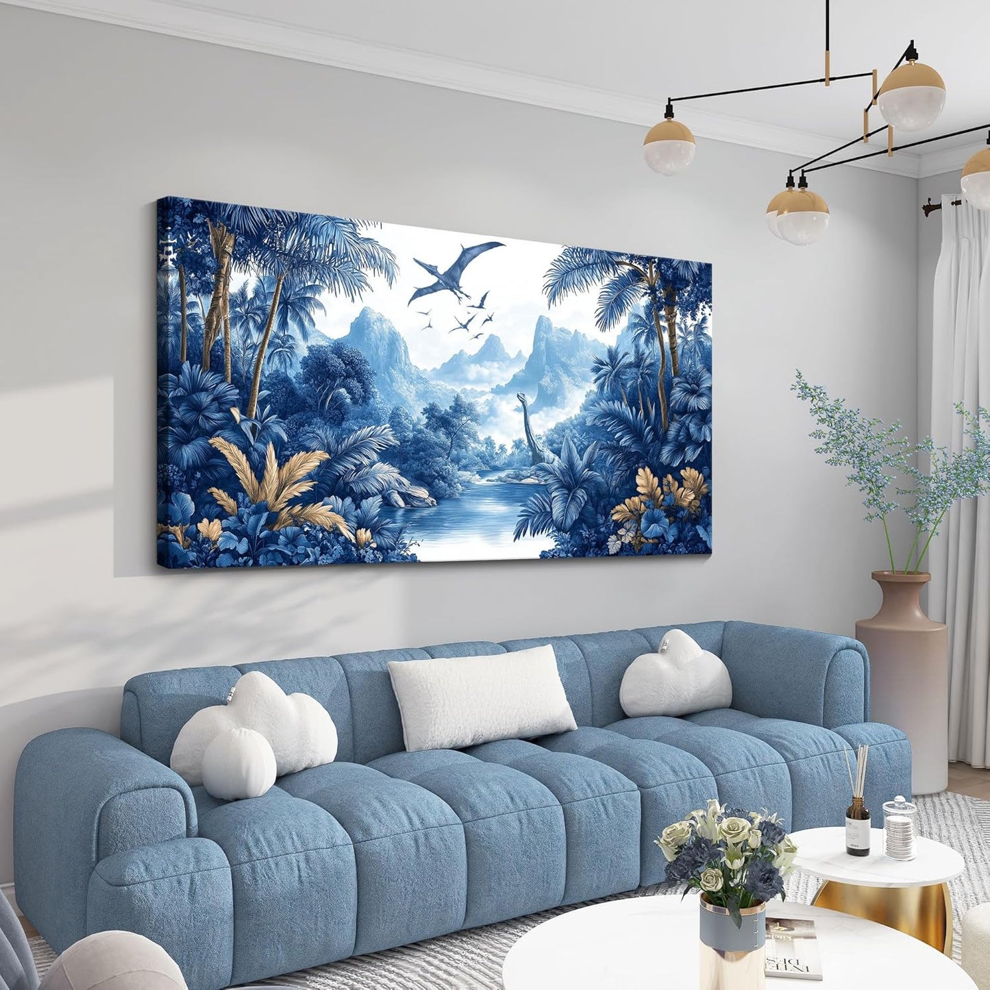 HKDGOKA Vintage Forest Wall Art, Blue Large Jurassic Dinosaur Canvas Pictures Tree Mountains Lake Landscape Paintings Artwork for Bedroom Living Room Kitchen Home Office Decor 24x48 IN