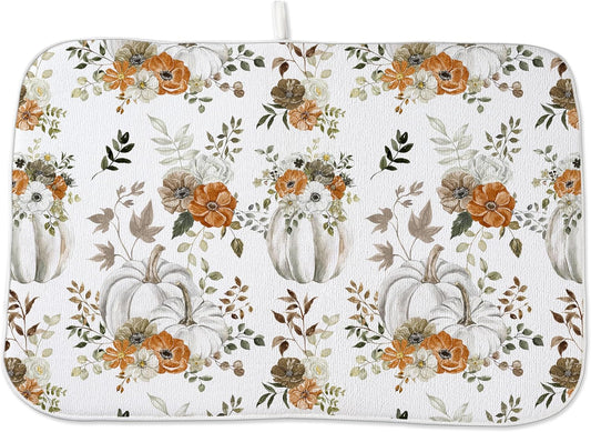 Fall Dish Drying Mat 18 x 24 inch Thanksgiving Autumn Watercolor Pumpkin Maple Leaves Decorative Drying Mats Microfiber Absorbent Dish Washable Draining Mat for Kitchen Counter Decor